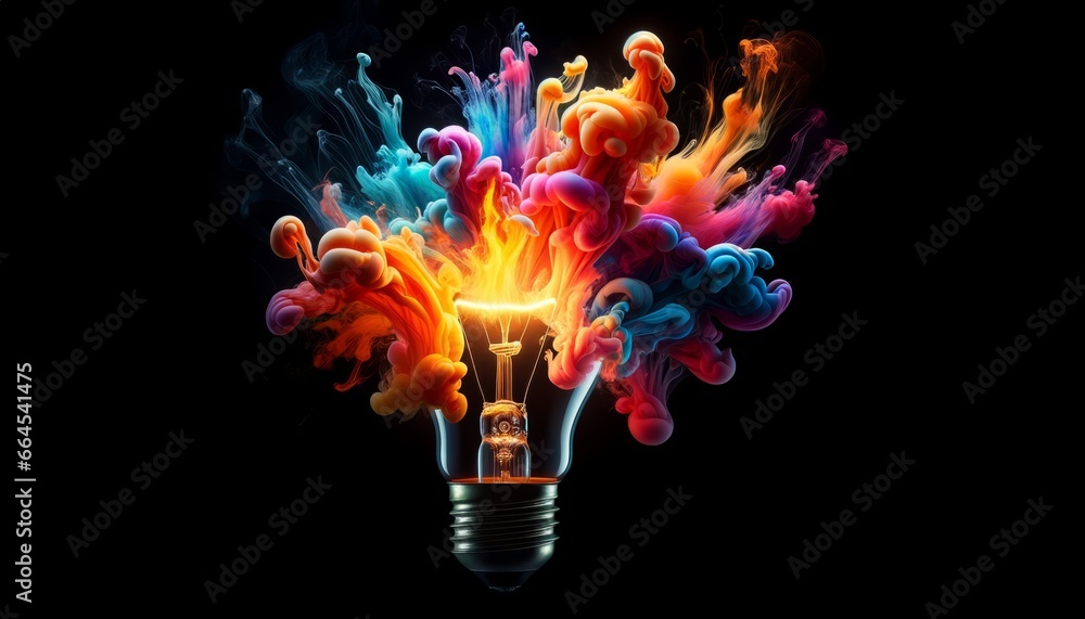 Poster light bulb explodes with colorful paint and colors on black background