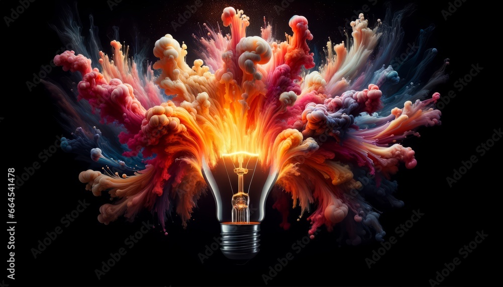 Poster light bulb explodes with colorful paint and colors on black background