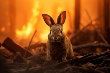 Obraz premium An emotional image showcasing a lone rabbit darting desperately through the flames, a heartbreaking testament to the devastating impact of wildfires on wildlife.