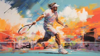 A tennis player with a racket plays on a bright creative background. Digital art. - obrazy, fototapety, plakaty