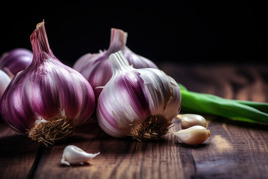 Purple garlic on the table close up