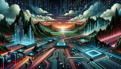 Illustration that captures the spirit of microchip technology. Complex circuitry designs, digital interfaces, and neon traces dominate the scene, portraying the inner workings. - obrazy, fototapety, plakaty