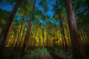 A forest of tall trees with a blue sky and a yellow glow on the ground under a green sky. Generative AI