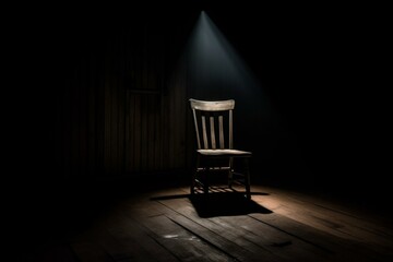 Concept: depression, isolation, loneliness, quarantine: chair in dark room with light. Generative AI