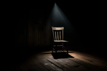 Fotobehang Concept: depression, isolation, loneliness, quarantine: chair in dark room with light. Generative AI © Elaria