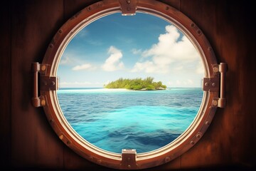An image showcasing a boat window or porthole overlooking a beautiful tropical island. Generative AI