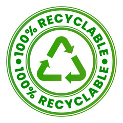 Green 100% Recyclable stamp sticker with Recycle symbol vector illustration