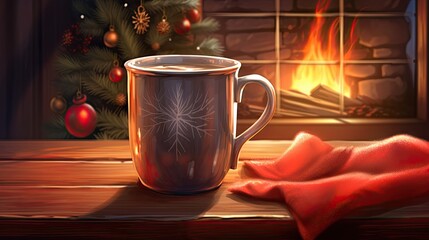  a cup of hot chocolate sits next to a christmas tree.  generative ai