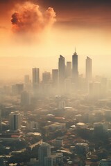 An image of a city skyline covered in smog and haze, highlighting the problem of air pollution and its health implications for humans and the ecosystem.