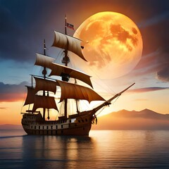 Old sailing ship in the moonlight