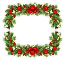 Snowberries with green twigs of Christmas tree, red decorations and cones in a holiday garland for square frame isolated on white or transparent background