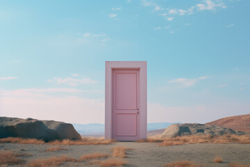 portal door frame free standing in the middle of nowhere in pastel landscape nature fantasy concept surreal  in magazine cover editorial textured film look - obrazy, fototapety, plakaty