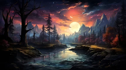 Foto op Plexiglas A forest landscape painted under the veil of night, featuring a river and a swirling night sky, all set against a colorful backdrop. © Dhiman