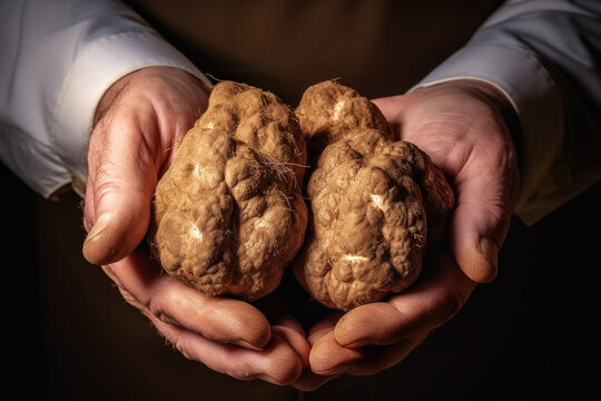 Hands holding a white truffle close up