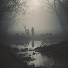 Man walking through misty woods as small sheep with head in mud