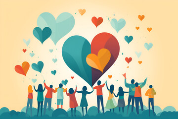 Charity illustration concept with abstract, diverse persons, hands and hearts