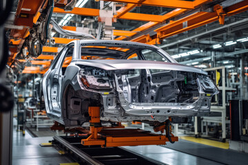 Fototapeta premium Car production line. Assembling a car on a conveyor belt. Close-up of a car body. Automotive industry Interior of a high-tech factory, modern production.