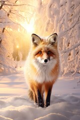 Fototapeta premium Beautiful vulpes fox against the backdrop of a snowy winter forest with a bushy tail, hunting in the freshly fallen snow in the park. wild forest animals.