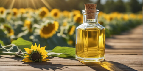 Transparent bottle of oil stands on a wooden table on of a field of sunflowers at background