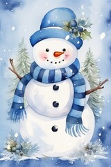 Bright illustration Winter card for Christmas. Funny snowman in a hat and scarf against the background of a snow-covered Christmas tree. Winter cold landscape.