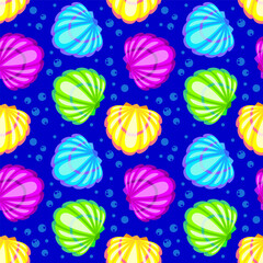 Colorful seashell and bubbles cartoon seamelss pattern. Vector illustration