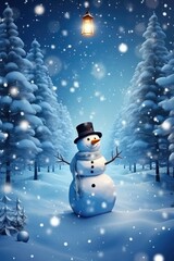 Bright illustration Winter card for Christmas. Funny snowman in a hat and scarf against the background of a snow-covered Christmas tree. Winter cold landscape.