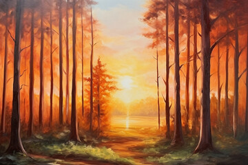 Emerald Serenity: Original Oil Painting on Canvas, Depicting the Sunrise in a Pine Forest Landscape