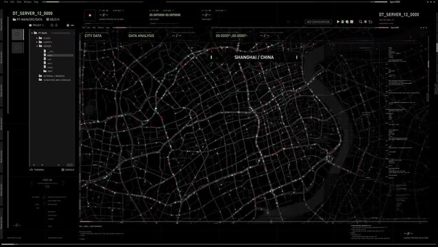Spy data analysis system inspecting the night map of the big city. Spy data analysis program monitoring the vehicle movement in the town. Spy analysis software collecting target location data.