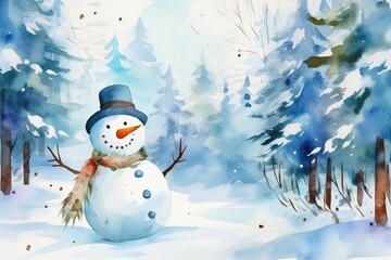 Bright illustration Winter card for Christmas. Funny snowman in a hat and scarf against the background of a snow-covered Christmas tree. Winter cold landscape.