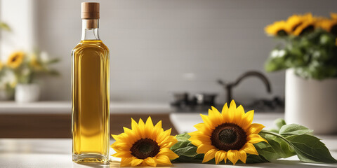 Bottle of sunflower oil in the white light kitchen with wooden facades and appliances.