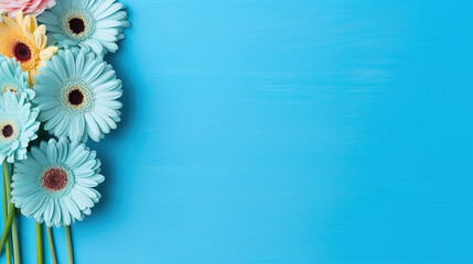 Fototapeta na wymiar minimalistic blue background with gerberas, top view with empty copy space