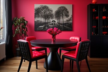 Magenta dining room. Black round table and colorful red chairs. Generative AI