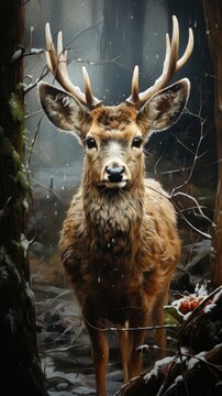 A painting of a deer in the woods.
