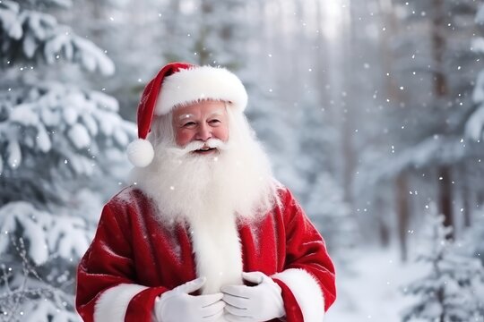 Quirky old bearded Santa Claus in the winter snowy forest. Winter holiday and Christmas concept. New Year's child frost.