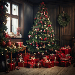 Christmas tree decorated with toys in the house near the window with holiday gifts