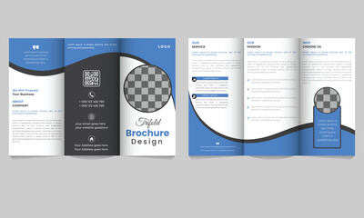 Trifold Brochure Layout with Blue and Black Accents