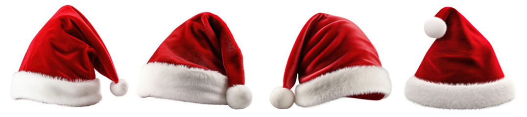 Collection of red santa hats isolated on white background - obrazy, fototapety, plakaty