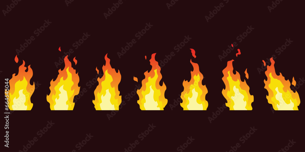 Poster fire animation sprites. set of red and orange fire flame. flames of different shapes. collection of 