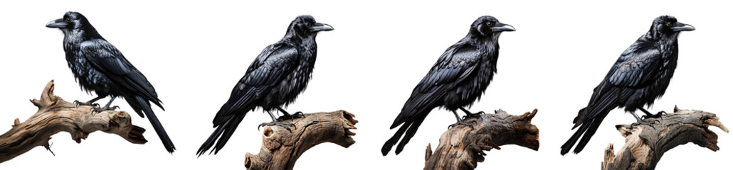 Set of Raven on a branch, on white background