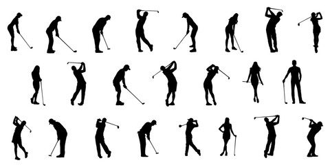set of silhouettes of golfers vector