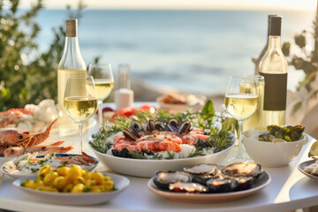 Seacuterie - Table spread with various marine delicacies, complemented by fresh herbs and wines -...