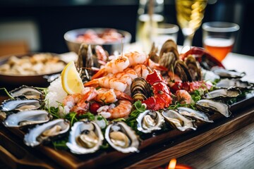 Seacuterie Platter - Elegant presentation of assorted seafood, with scallops, seaweed, and oysters on a wooden board - AI Generated
