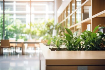 Biophilic Design - Open office filled with indoor plants, wooden furnishings, and abundant natural light - Productive Environtment - AI Generated