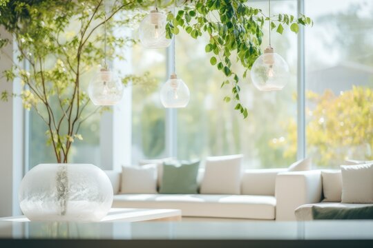 Biophilic Design - Cozy living room with hanging planters, stone accents, and large panoramic windows - AI Generated