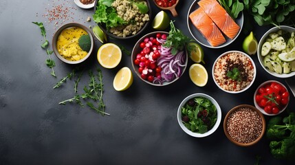 Top view of assorted healthy food dishes with text space.