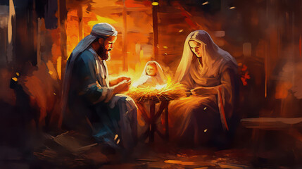 Holy Family nativity scene, modern painting, generative ai - obrazy, fototapety, plakaty