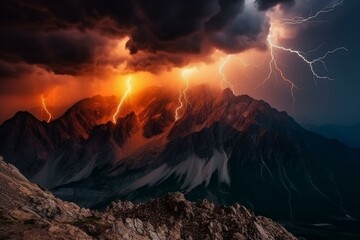 Breathtaking natural phenomena of fire and lightning illuminating the scenic mountainous landscape. Generative AI - obrazy, fototapety, plakaty