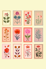 set of vintage/retro stamp sticker for postcard/letter/envelope with flower illustrations tulips autumn fall sunflower for scrapbook notes journal	