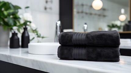 Black towels on marble desk in the foreground and blurred modern bathroom