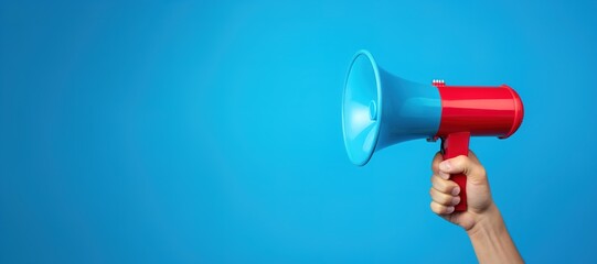 Generative AI, megaphone in hand on a empty blue background, panoramic image with copy space	
